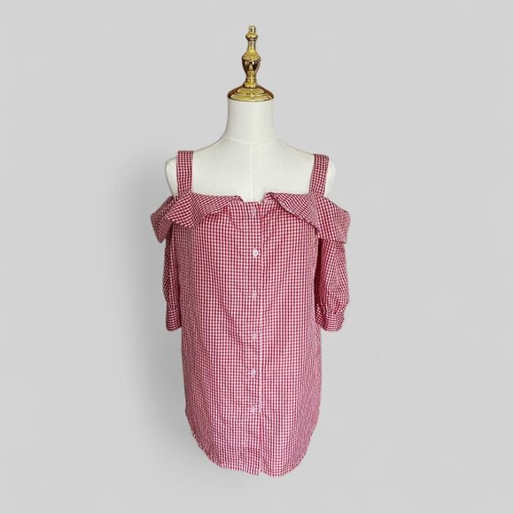 Aimee Womens Gingham Plaid Cold Shoulder Ruffle Off Shoulder Top Prairiecore - Picture 1 of 5